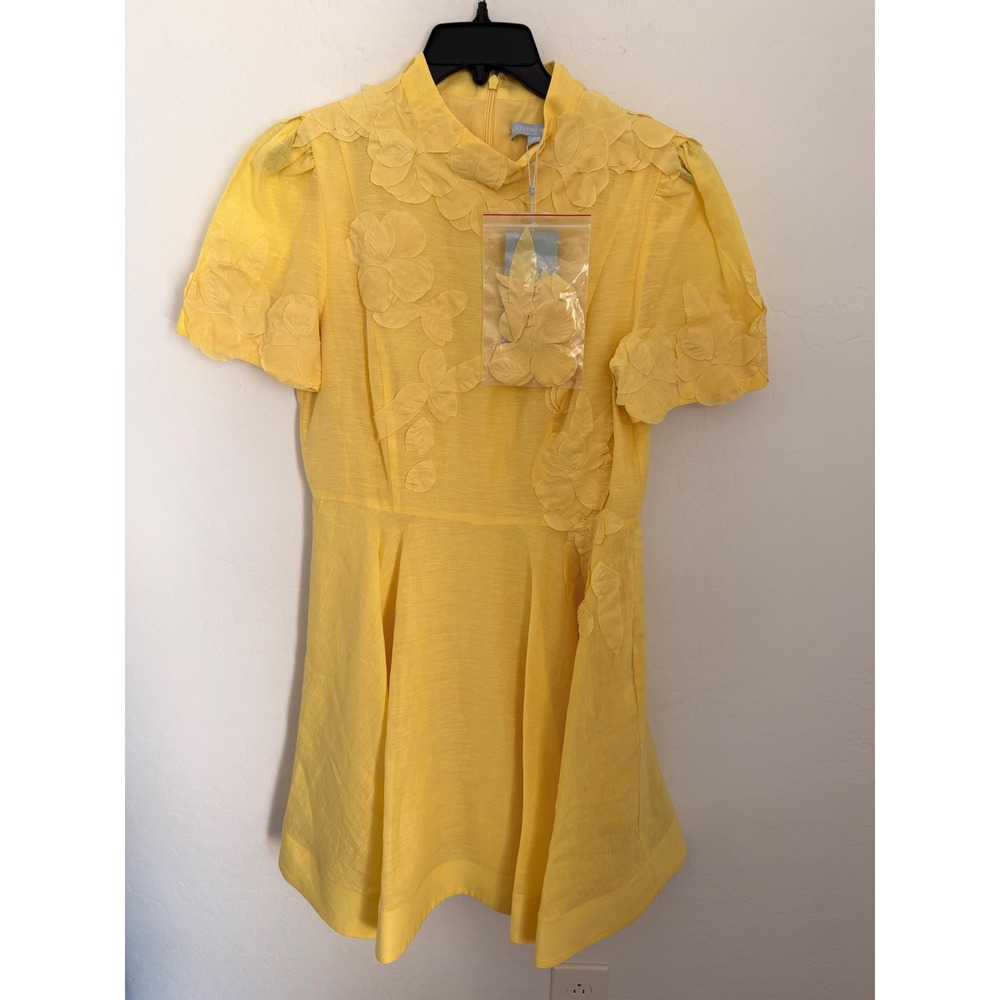 Antonio Melani Yellow 3D Floral Applique Mock Neck Coquette Mini Dress Sz 8 NWT